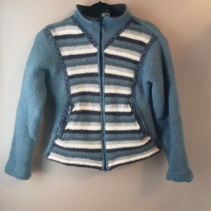 Made in Nepal Polar Fleece Lined Chunky Wool Sweater | Blue White | S-M